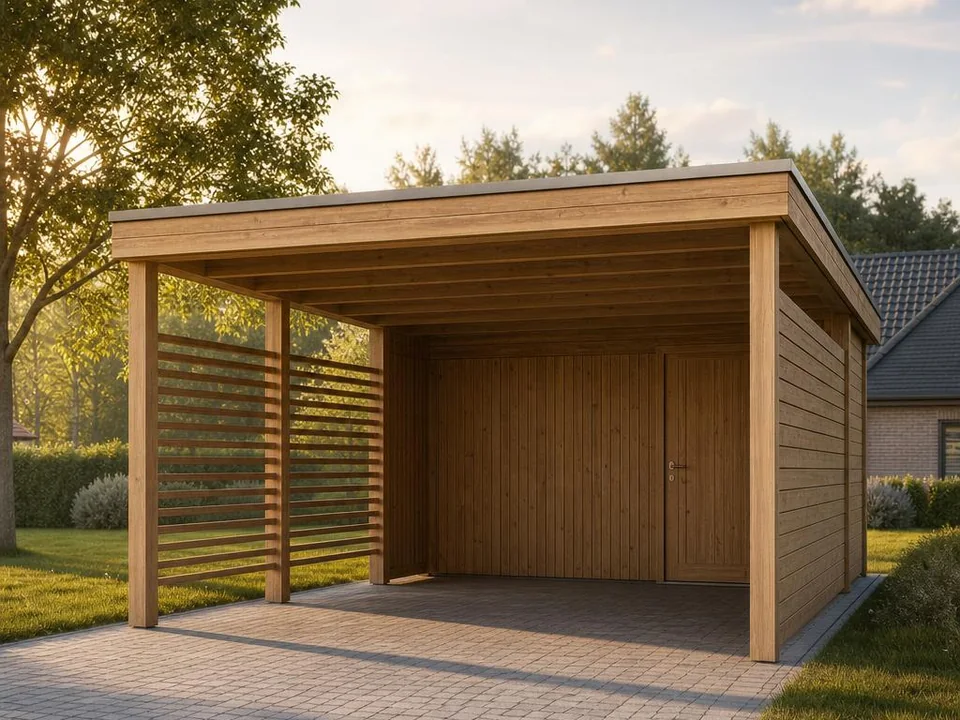 Illustration eines Carports aus Holz mit angebautem abschließbaren Geräteraum