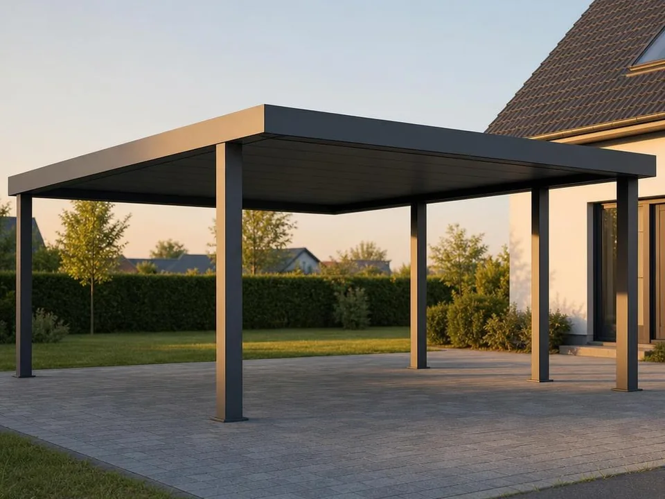 Illustration eines Doppelcarports aus Stahl mit Flachdach