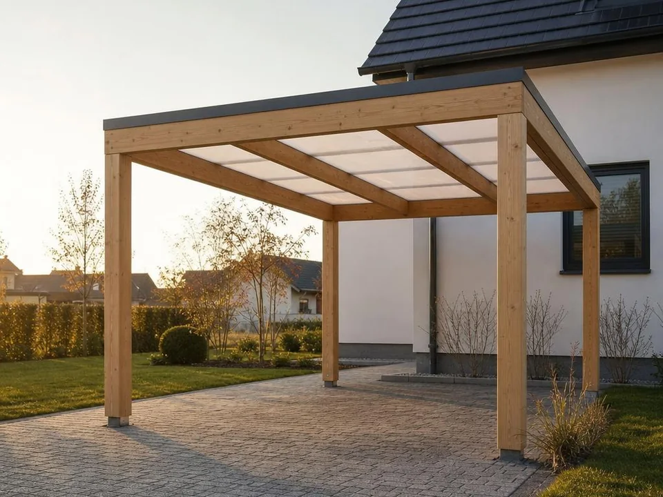 Illustration eines Einzelcarports aus Holz mit Trapezdach