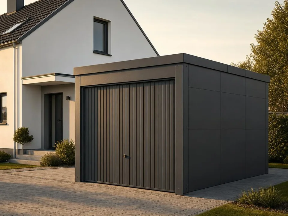 Illustration eines Stahl-Garagen-Bausatzes mit Schwingtor