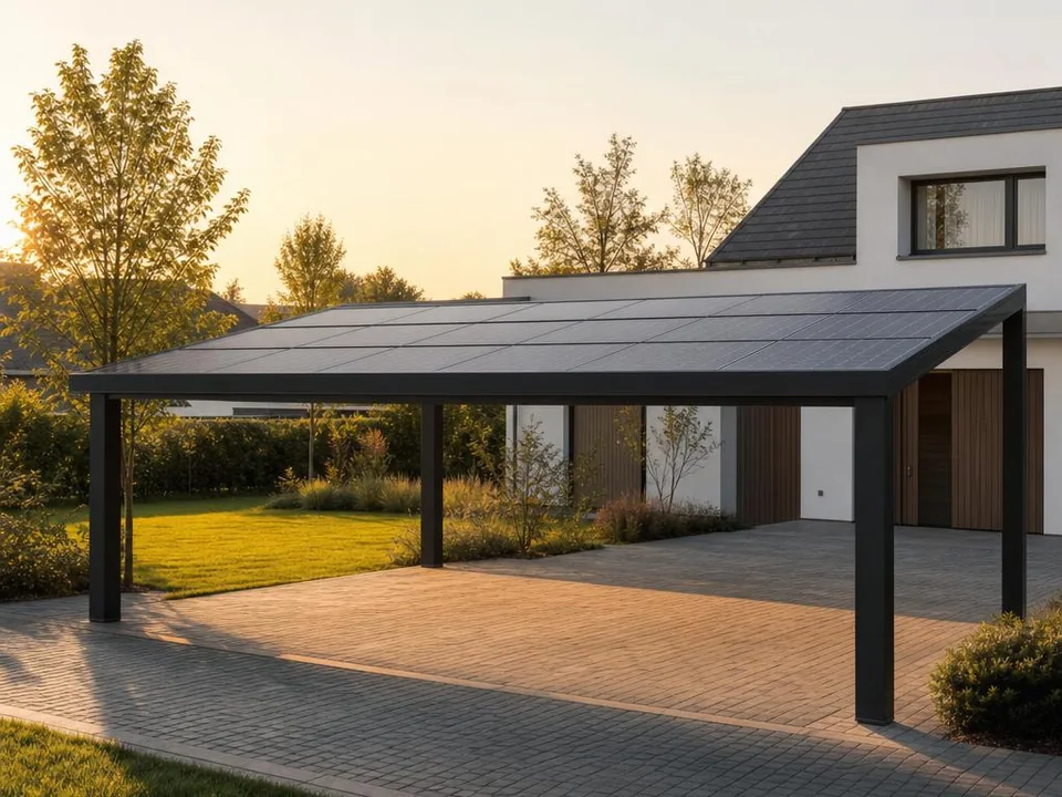 Illustration eines Solarcarports mit Photovoltaik-Dach