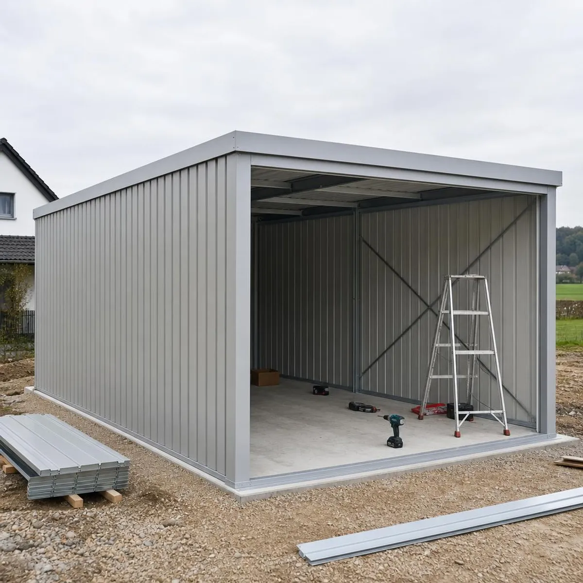 Illustration: Stahl-Blechgarage als Fertigteil auf Punktfundament