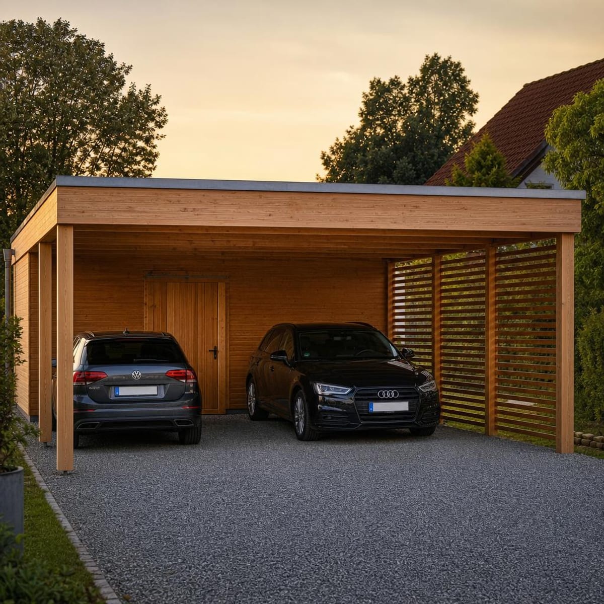 Holz-Carport mit integriertem Geräteraum für Räder und Werkzeug (Illustration)