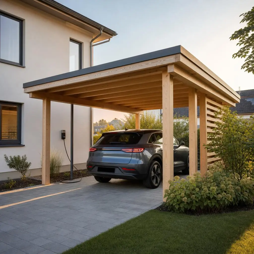 Illustration: Holzcarport als Einzelstellplatz vor Wohnhaus
