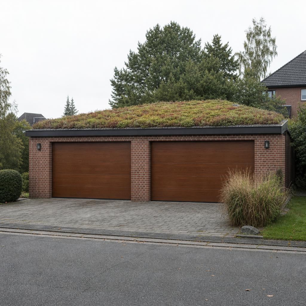 Geklinkerte Doppelgarage mit Gründach an einer Wohnstraße (Illustration)