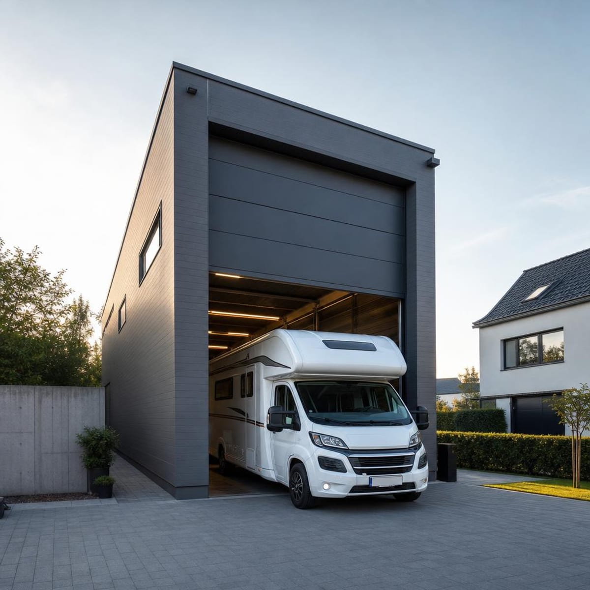 Wohnmobilgarage mit extra hohem Sektionaltor und Camper (Illustration)